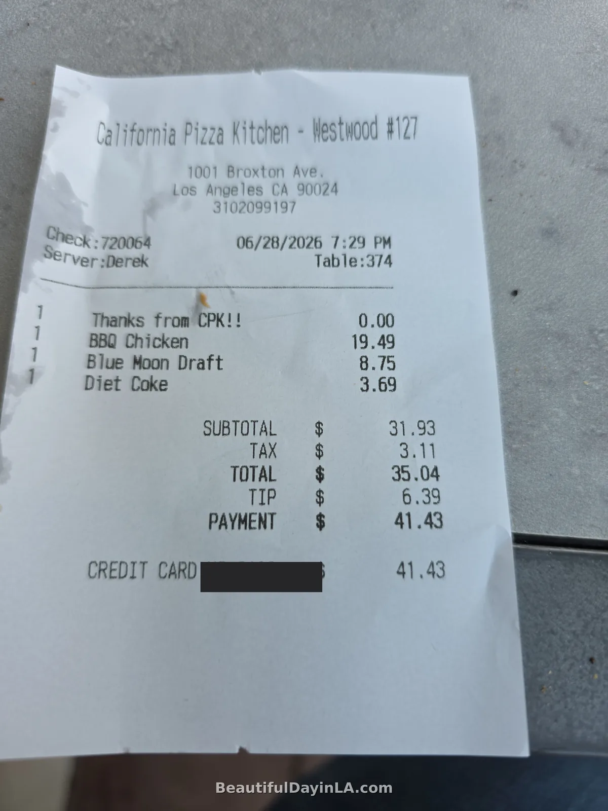Itemized California Pizza Kitchen Westwood receipt showing the meal total