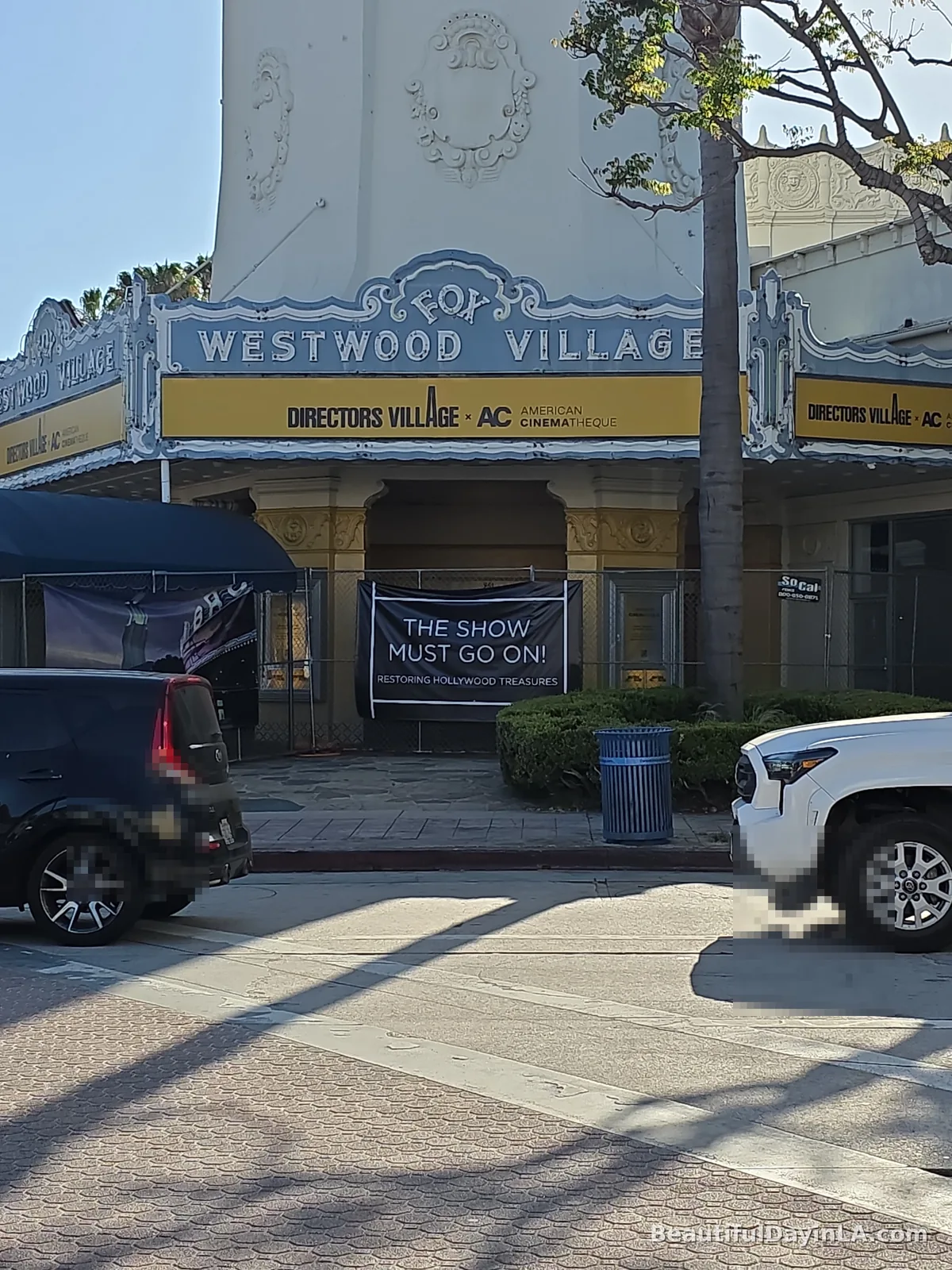 The historic Fox Westwood Village Theatre tower in the evening