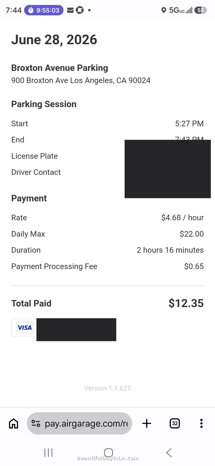 AirGarage parking rate screen showing hourly rate and daily maximum