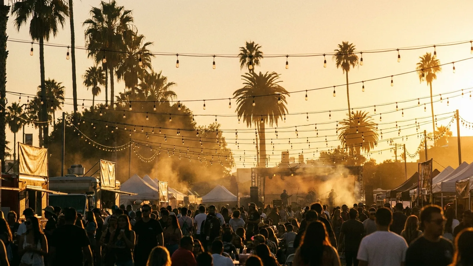 Golden-hour Los Angeles event atmosphere with people enjoying an outdoor cultural gathering